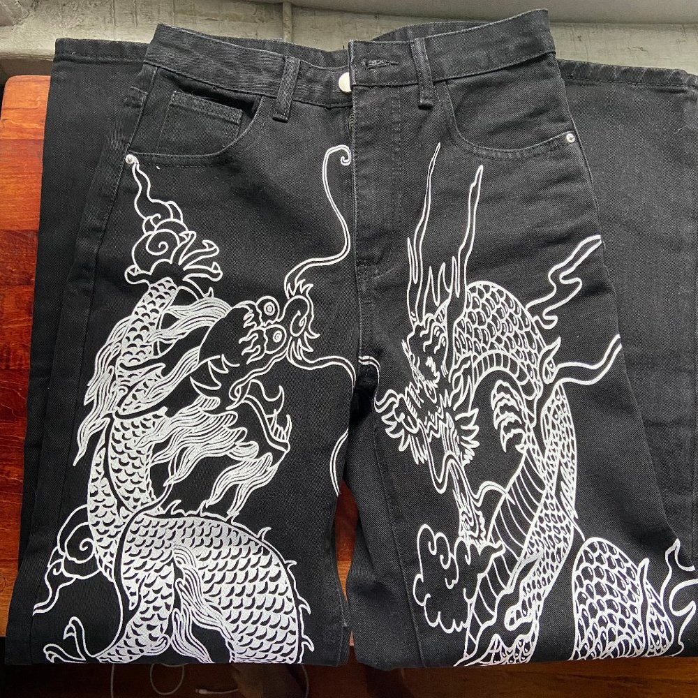 SHEIN Black Dragon Design Jeans XS